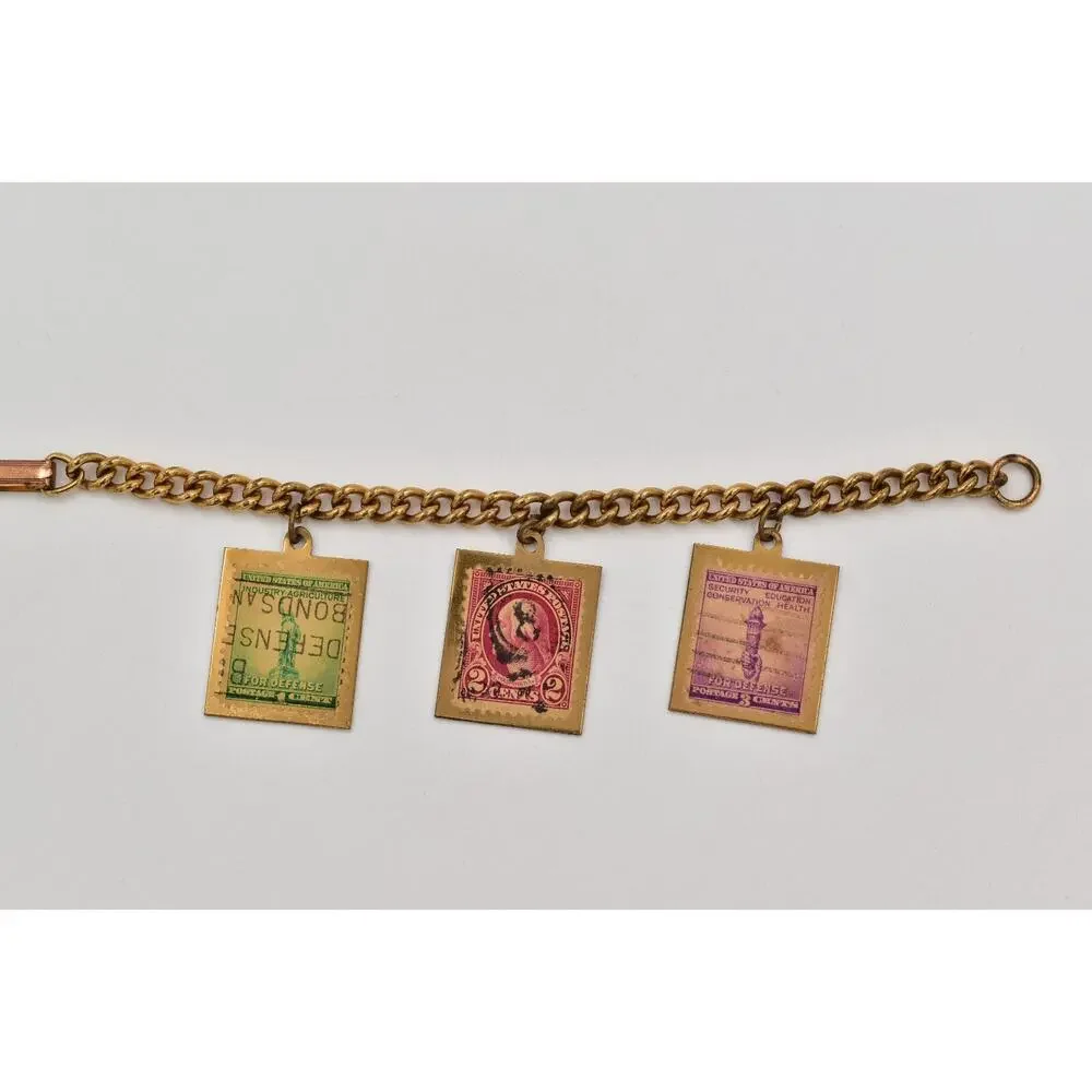 Vintage Stamp Charm Bracelet Antiqued Gold Dangle USA Florida California BinAW